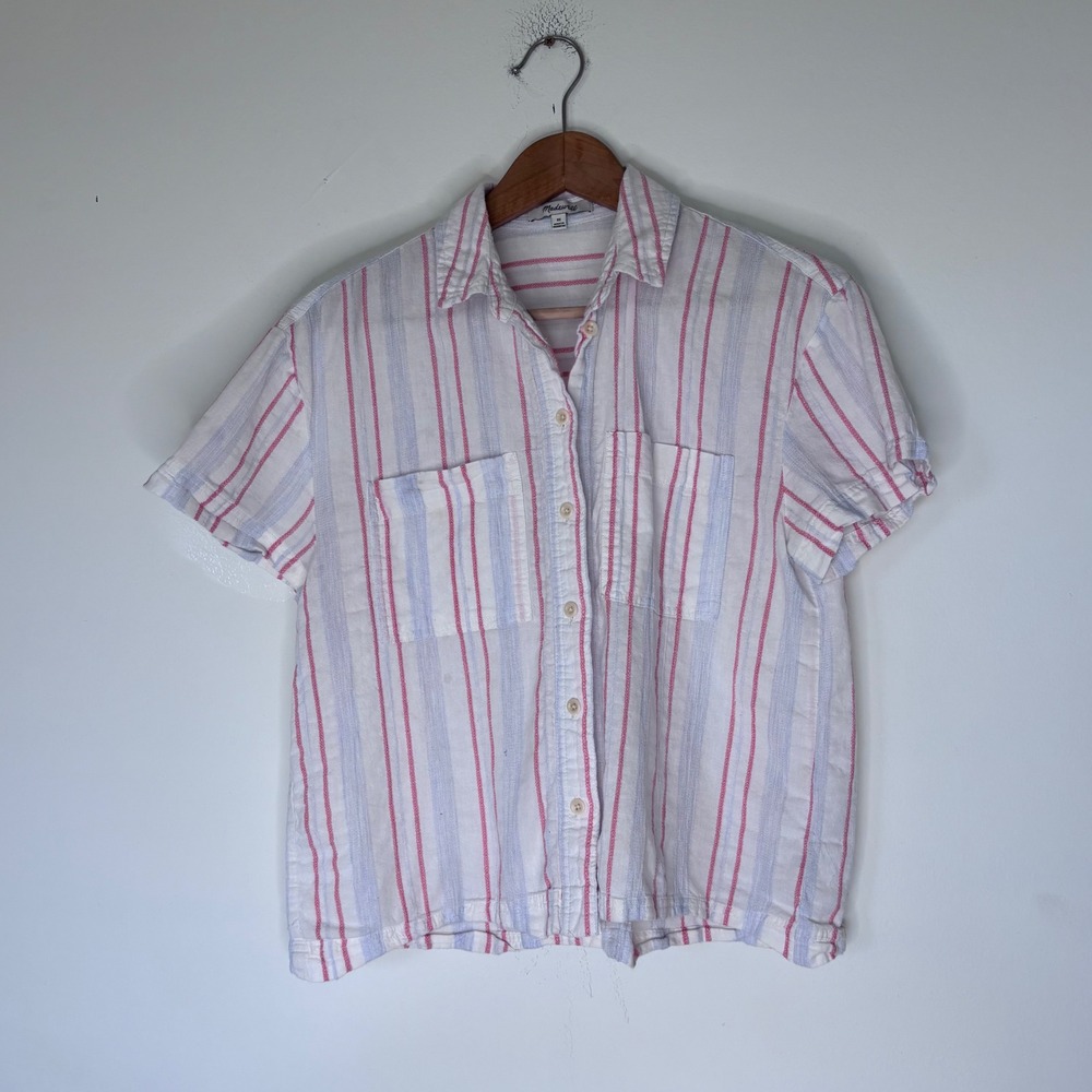 Madewell Striped Pastel Short Sleeve Button Down Cotton Shirt Size XS Red Blue - Picture 3 of 9
